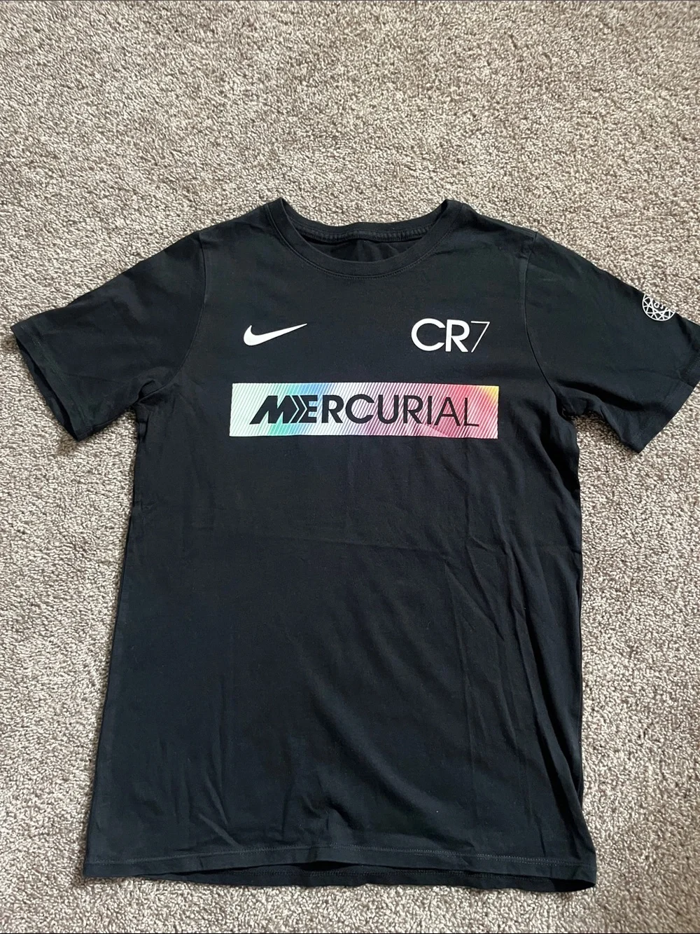 Boys Nike Black CR7 Mercurial Short Sleeve Tee Rainbow Logo Size Large